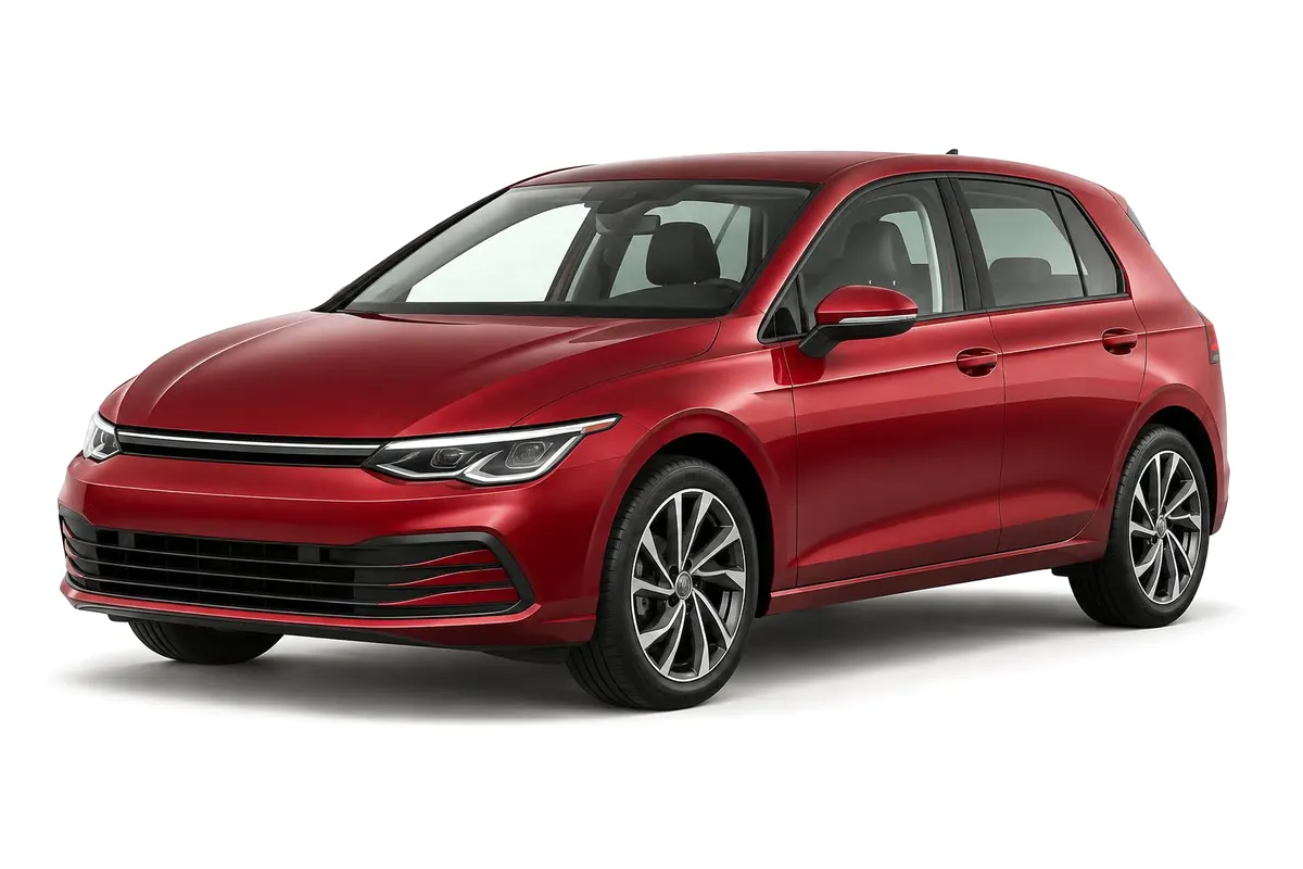 Red Volkswagen Golf hatchback, the kind of everyday car we buy in Spain
